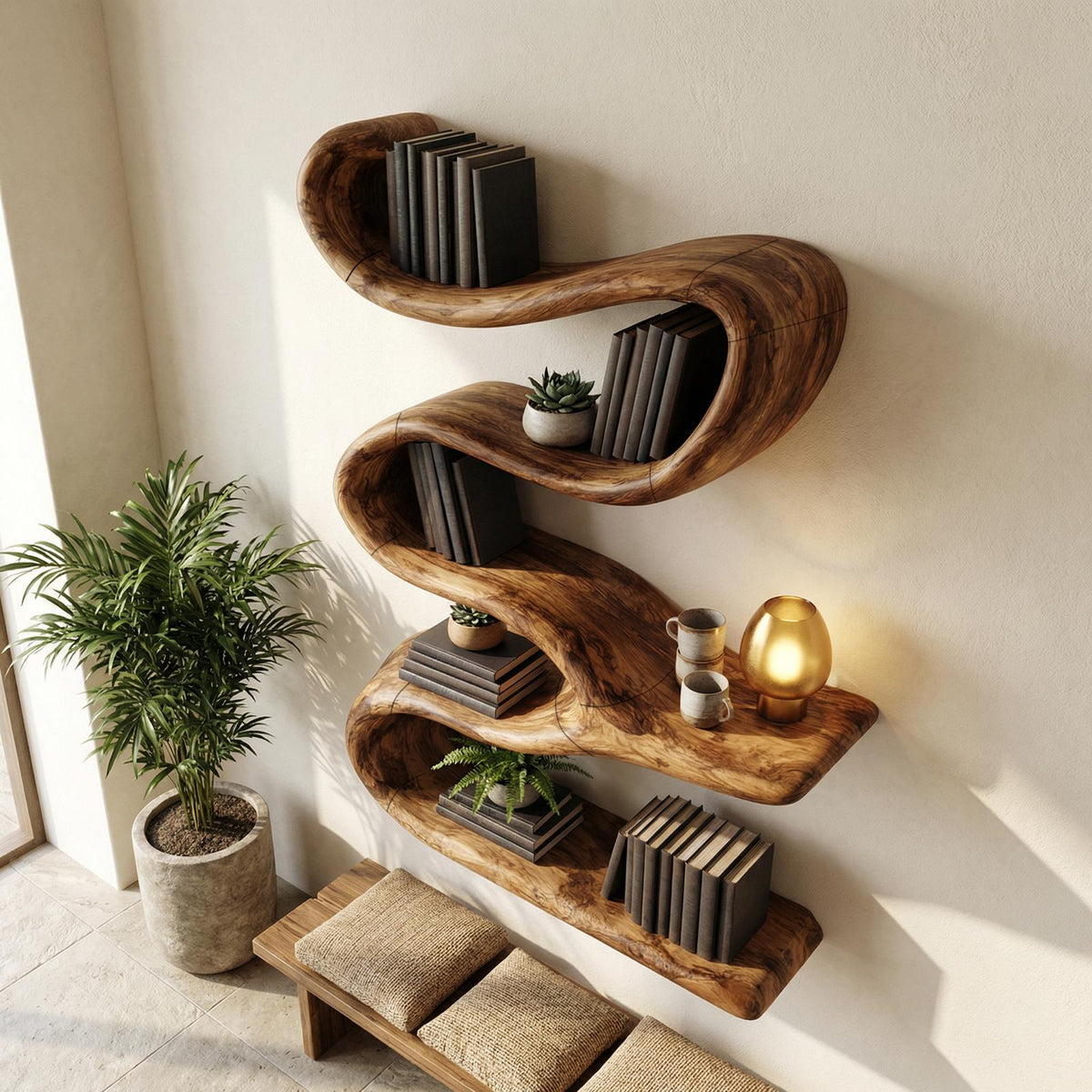 Modern Organic Wall Bookshelf, Solid Wood Flowing Multi-Tier Floating Display Shelf for Living Room Decor