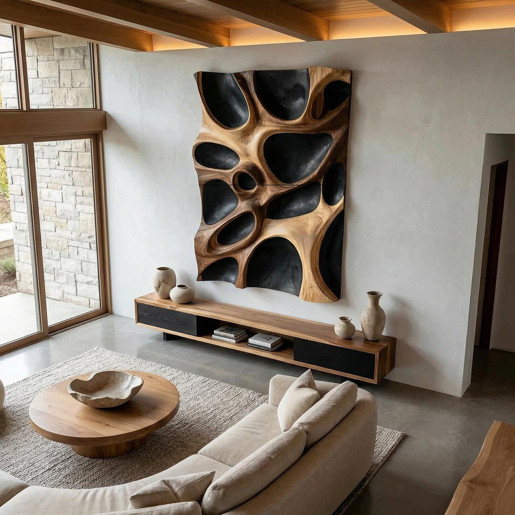 Organic Hollow Wood Wall Decor Panel, Handcrafted 3D Wooden Wall Art Sculpture for Bedroom and Living Room