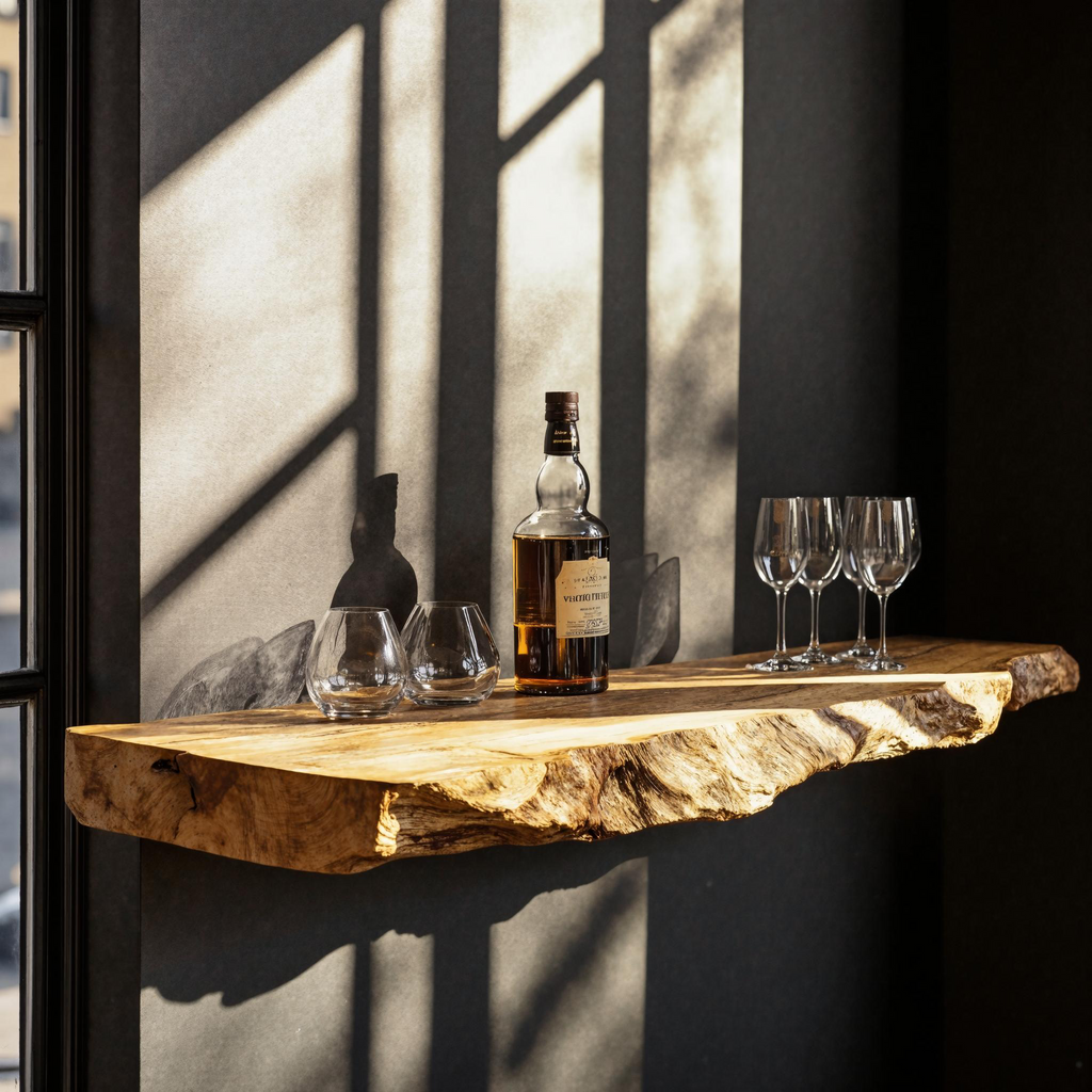 Rustic Industrial Wood Bar Wall Shelf, Wall-Mounted Solid Wood Wine Rack Organizer for Home Bar Storage