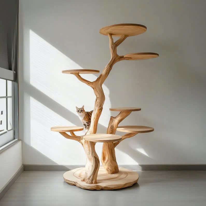 Rustic Natural Solid Wood Cat Tree Wooden  Stand Naturally Gift Cat SINLTT010
