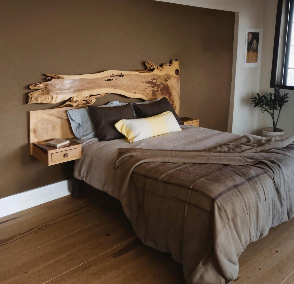 Unique Live Edge Bed Frame And Headboard With Shelf For Bedroom