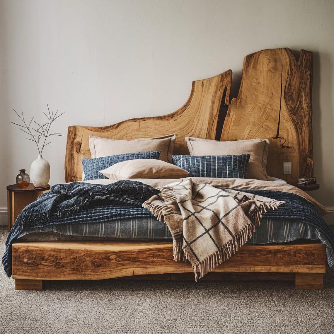Rustic Live Edge Wooden Bed Frame And Headboard For Cozy Bedrooms