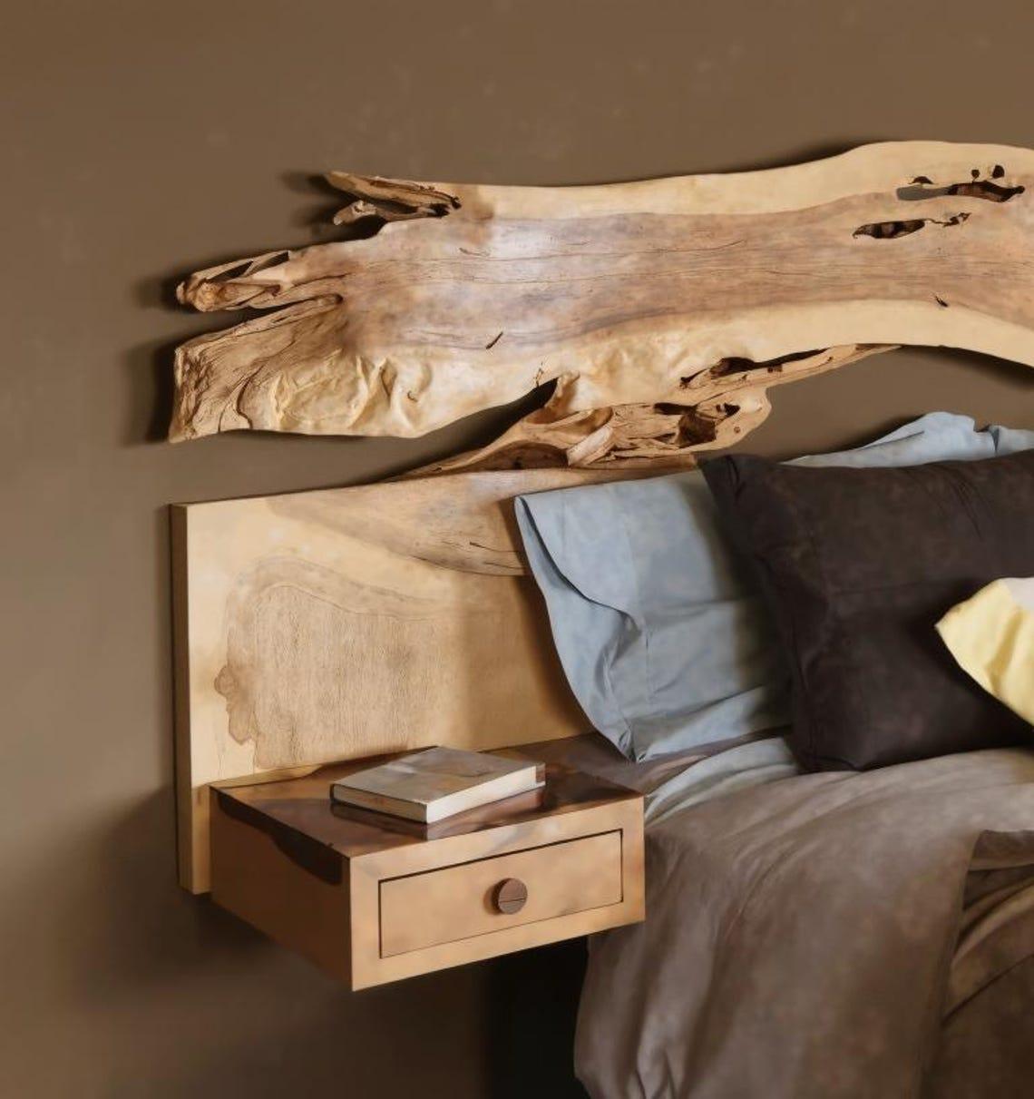 Unique Live Edge Bed Frame And Headboard With Shelf For Bedroom