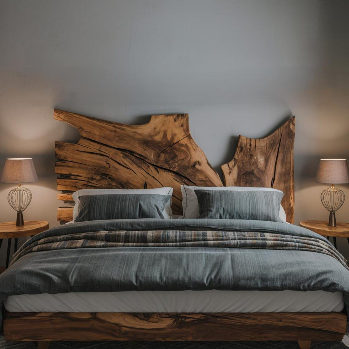 Rustic Live Edge Wood Bed Frame And Headboard For Bedroom