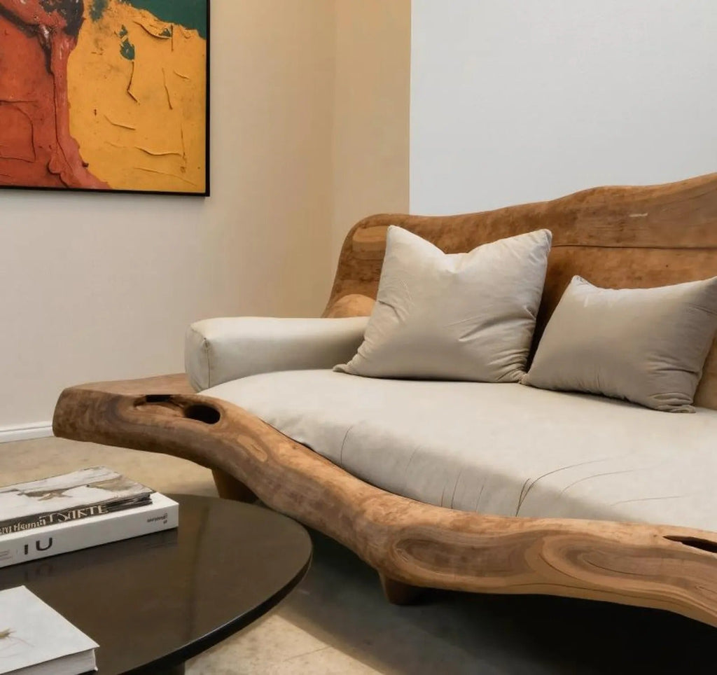 Organic Sculptural Wood Sofa For Living Room Lounge Entryway Or Office Featuring Natural Edge Design And Handcrafted Curved Backrest