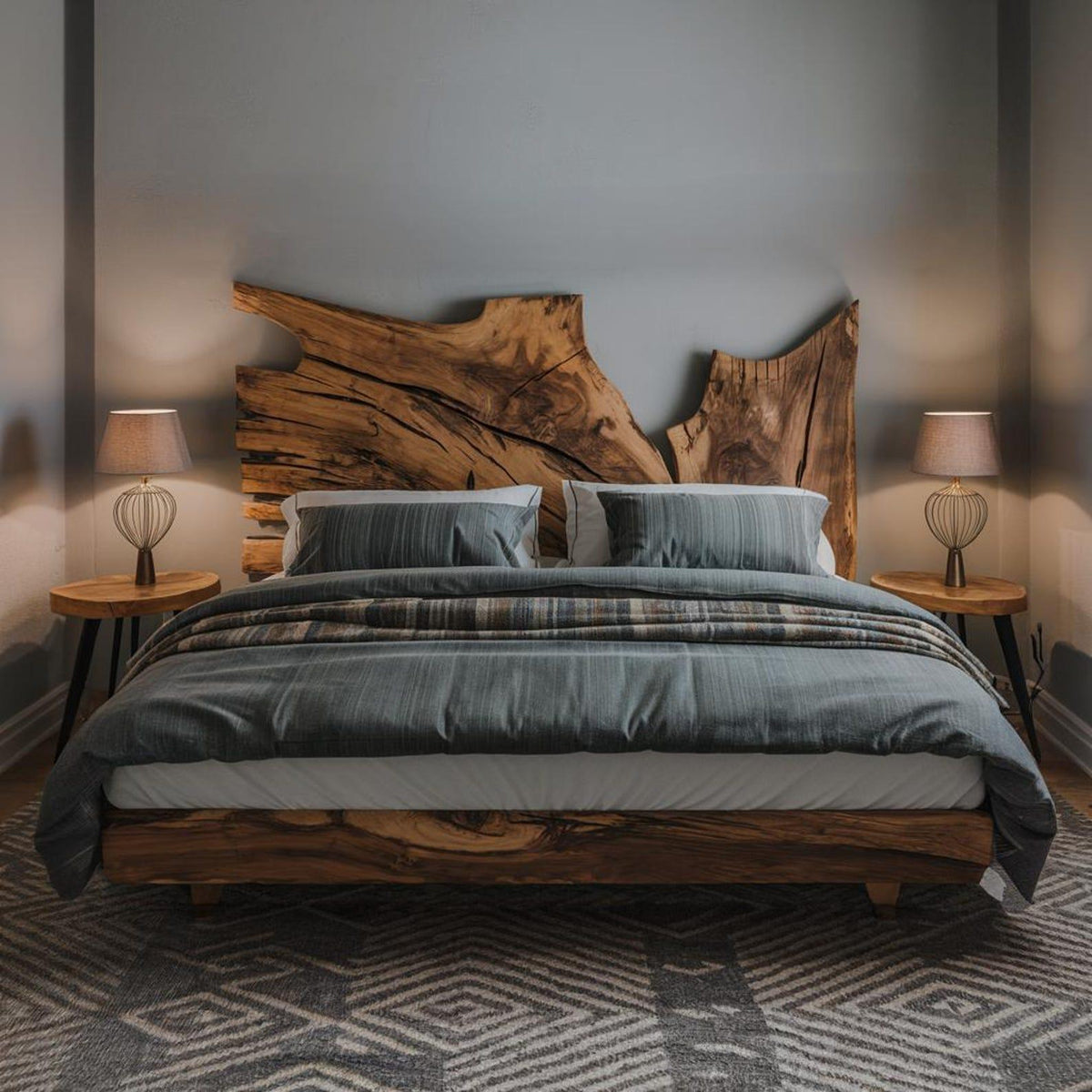 Rustic Live Edge Wood Bed Frame And Headboard For Bedroom