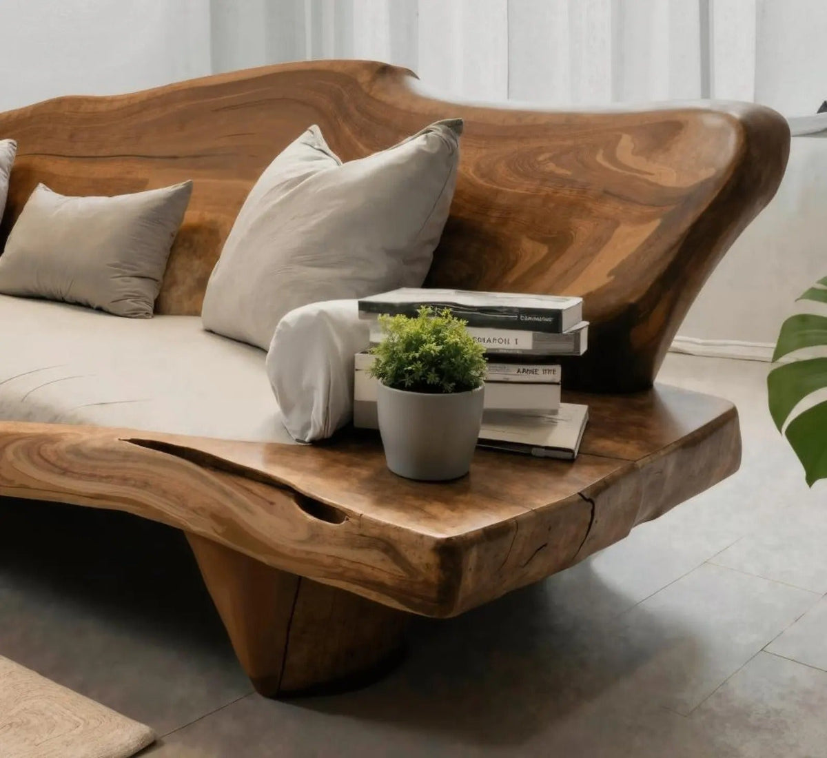 Organic Sculptural Wood Sofa For Living Room Lounge Entryway Or Office Featuring Natural Edge Design And Handcrafted Curved Backrest