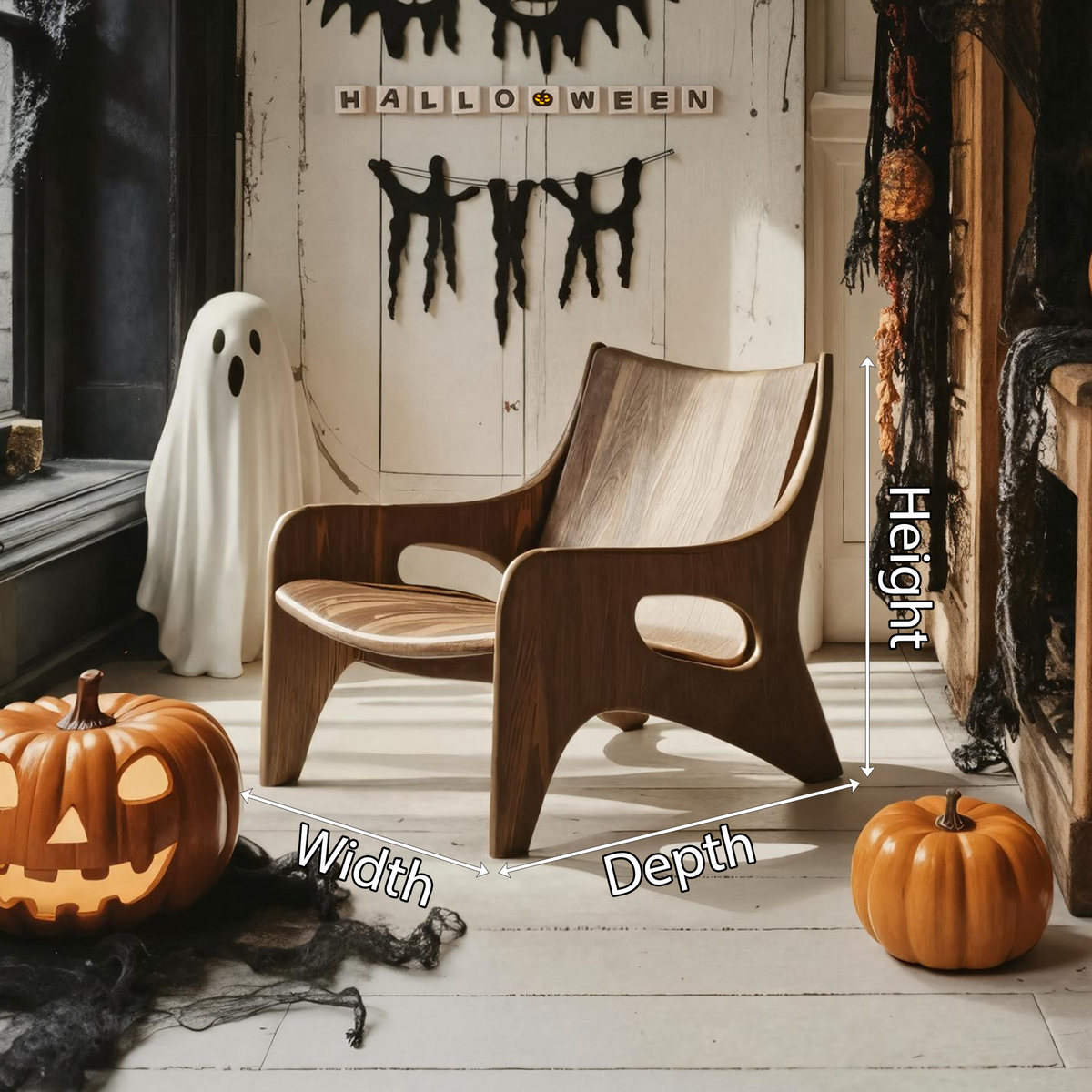 Farmhouse Solid Wood Accent Chair, Handcrafted Indoor Outdoor Lounge Armchair, Halloween Holiday Patio Furniture Decor