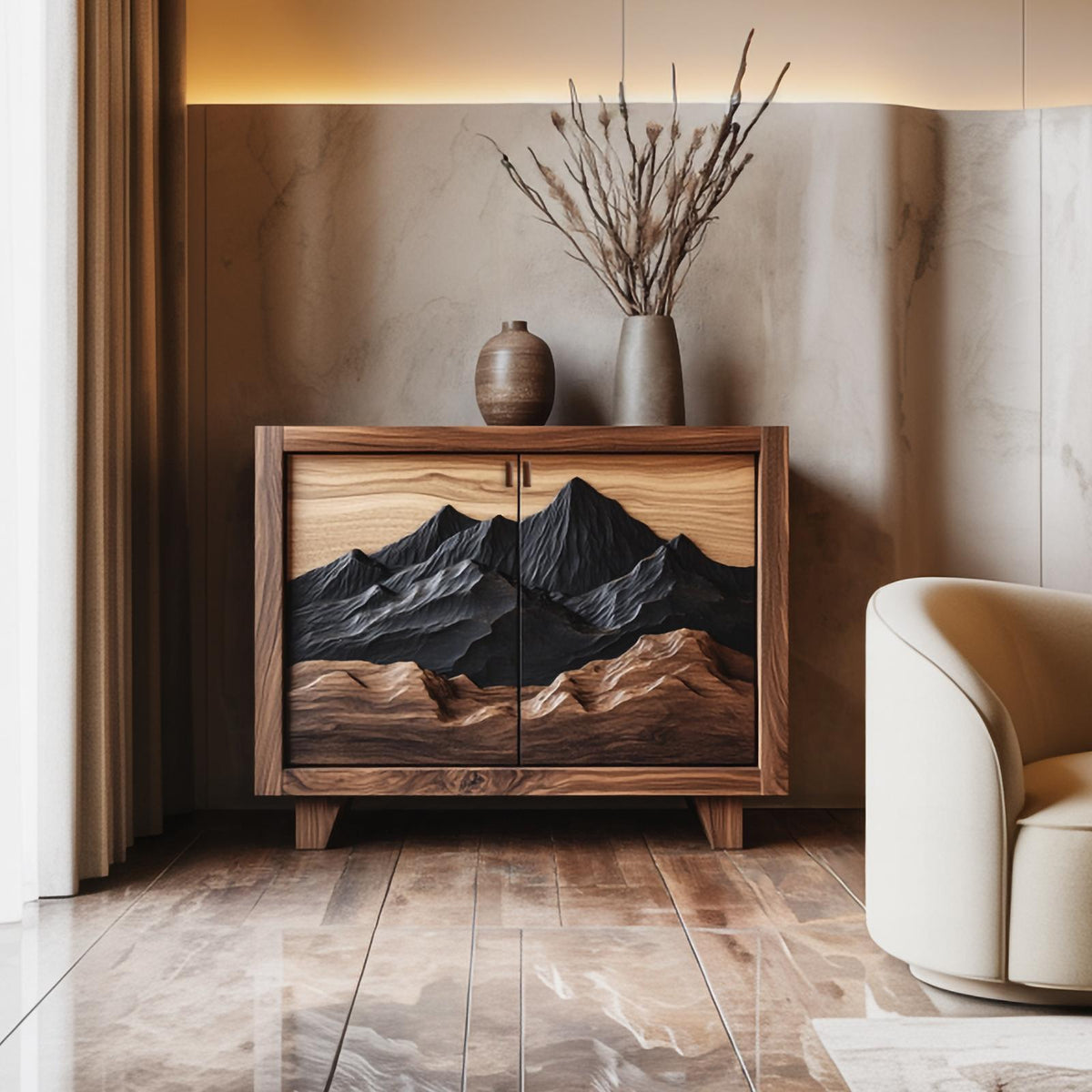 Rustic Solid Wood Cabinet with Artistic Curved Drawers, Handcrafted Living Room Sideboard Credenza Signature Piece