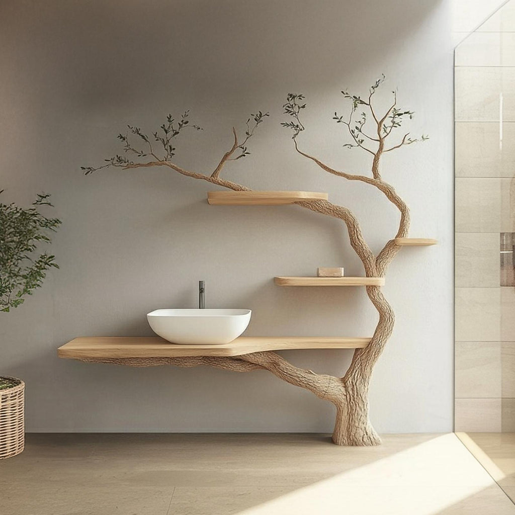 Spry Interior Organic Modern Tree Inspired Vanity Shelf, Handcrafted Solid Wood Floating Shelf Storage for Bathroom Wall Decor, SINLSATBB021