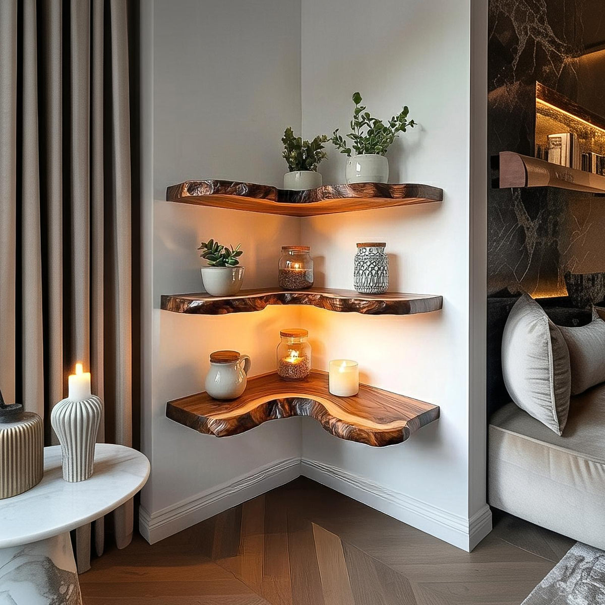Rustic Live Edge Corner Shelves Solid Wood Living Room Interior Decorative Display