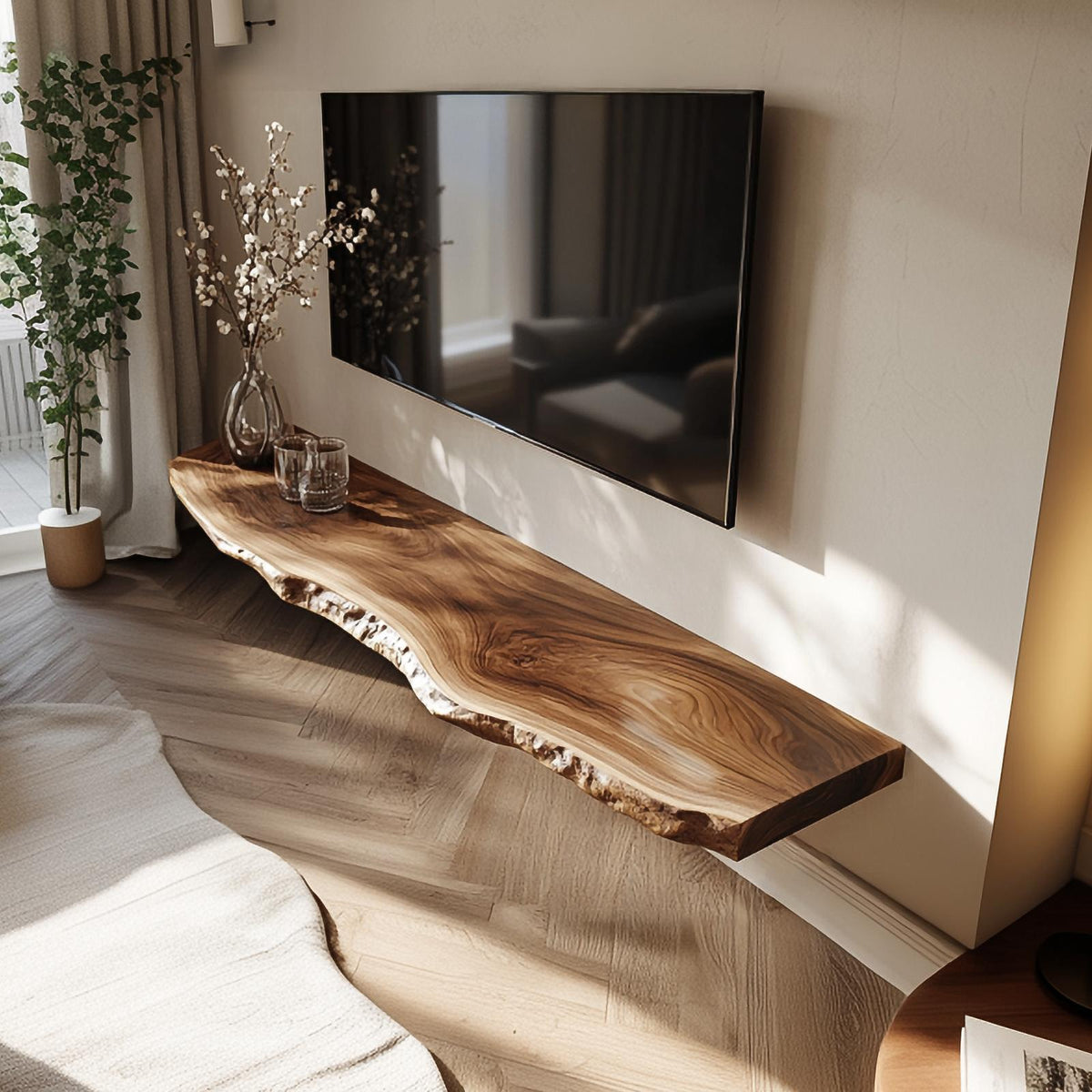 Live Edge Solid Wood Floating TV Console Organic Modern Living Room Interior