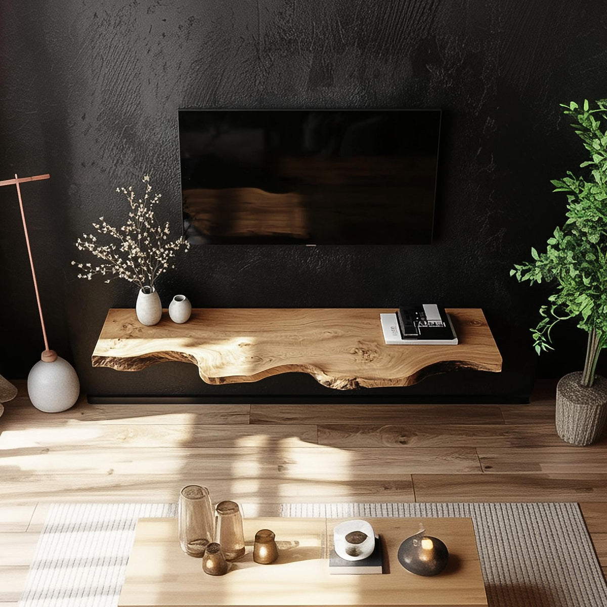 Handcrafted Solid Wood Floating TV Bench Natural Modern Living Room Decor