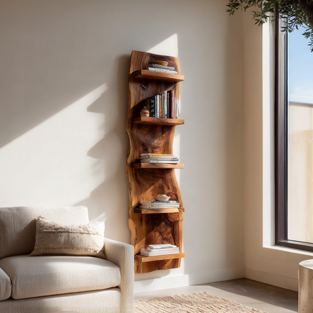 Organic Sculptural Accent Wall Bookshelf, Floating Wood Display Storage Shelving for Living Room