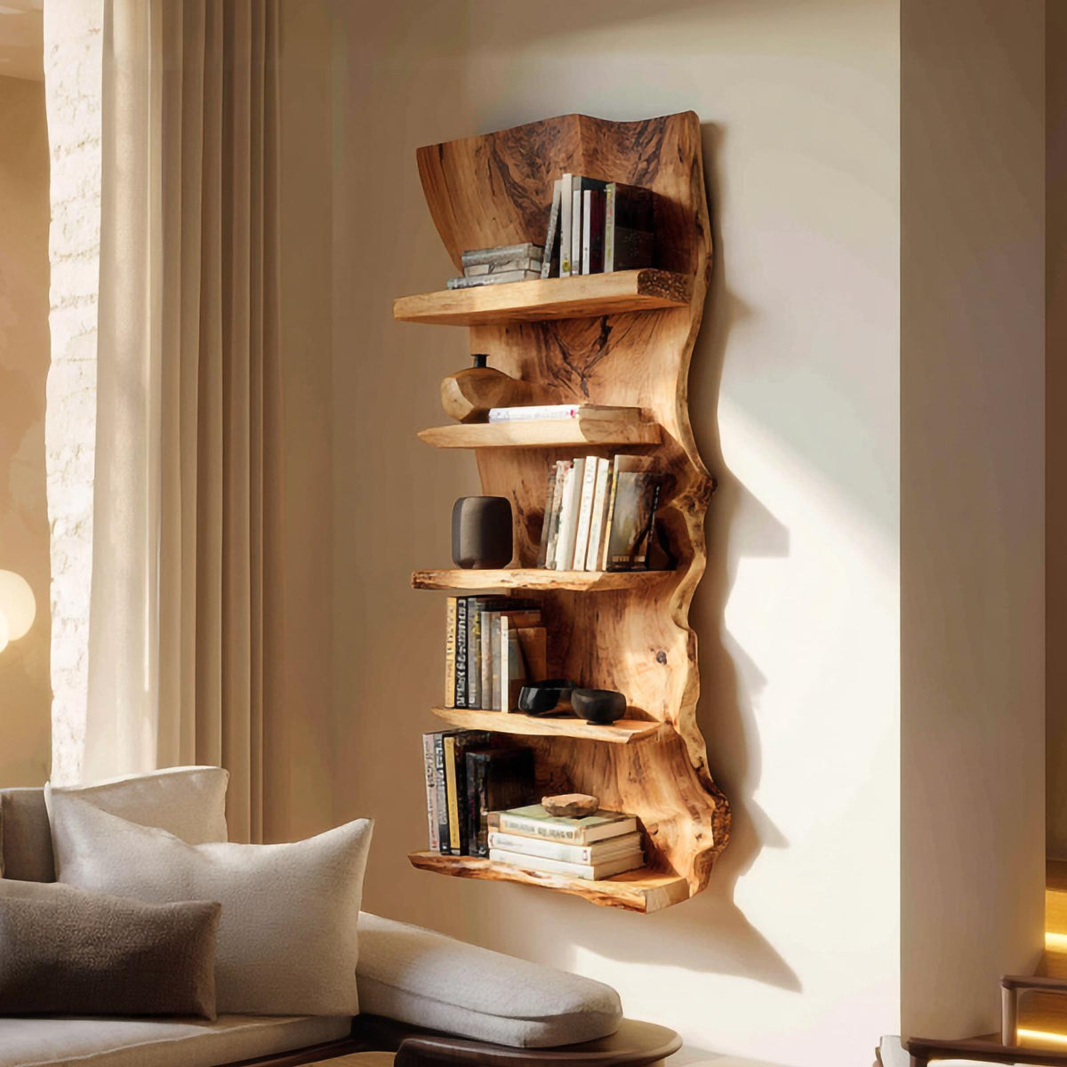 Organic Sculptural Wall Display Floating Shelf, Solid Wood Decorative Accent Ledge for Living Room