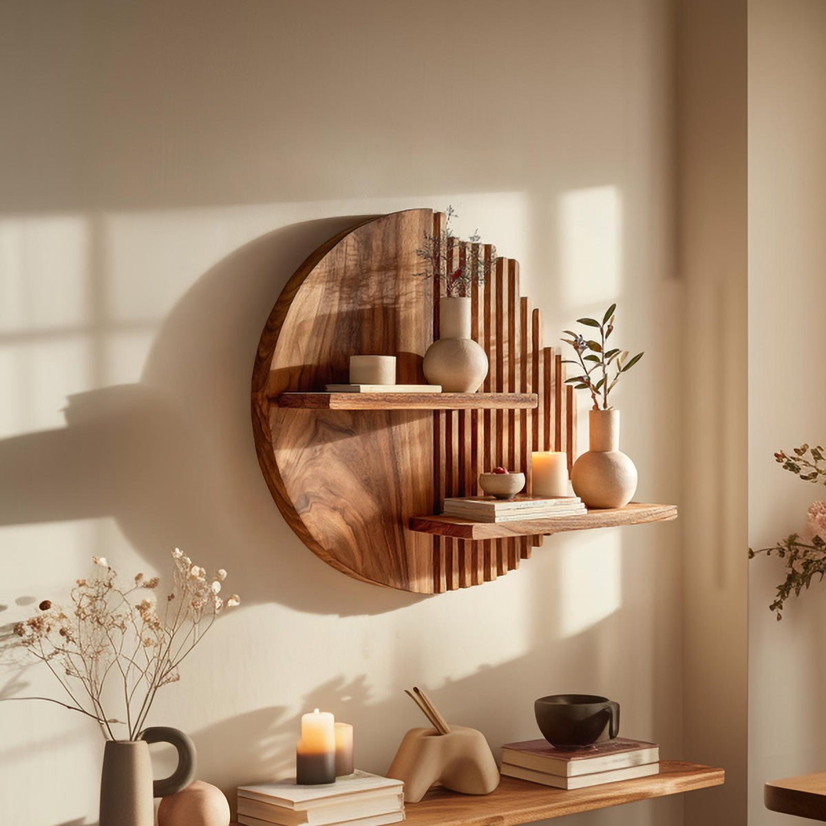 Rustic Wood Wall Storage Shelf, Floating Bookshelf & Spice Rack for Kitchen, Dining & Living Room