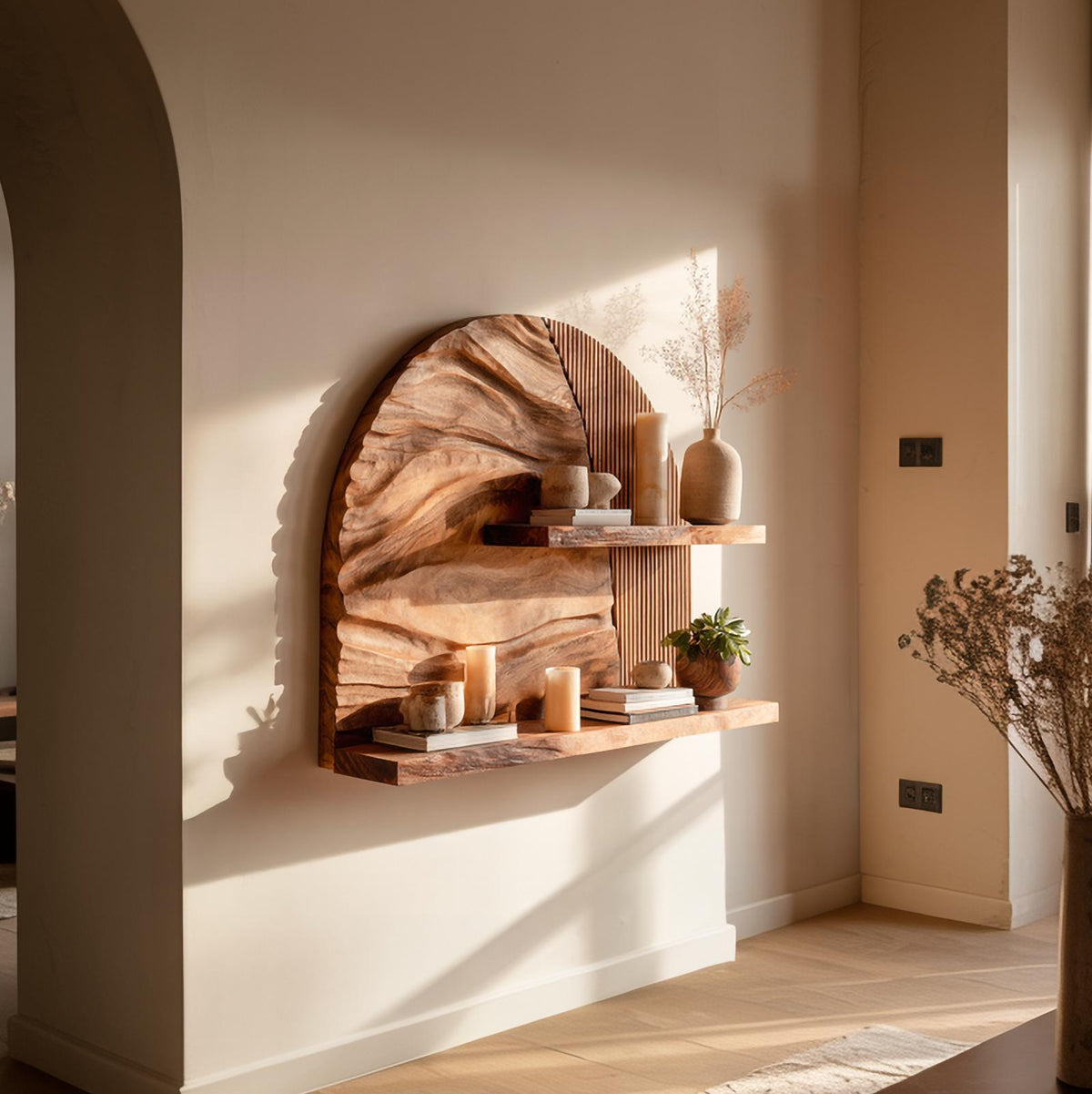 Rustic Wall-Mounted Floating Wood Shelf, Decorative Display Book Ledge for Living Room & Bedroom