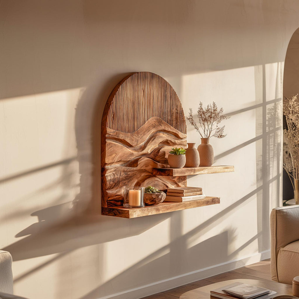 Rustic Artistic Floating Wood Shelf, Wall Mounted Book & Decorative Display Rack