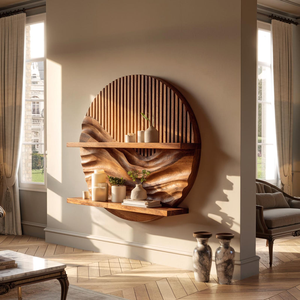Rustic Minimalist Wood Wall Shelf, Sleek Floating Display ledge for Living Room & Office