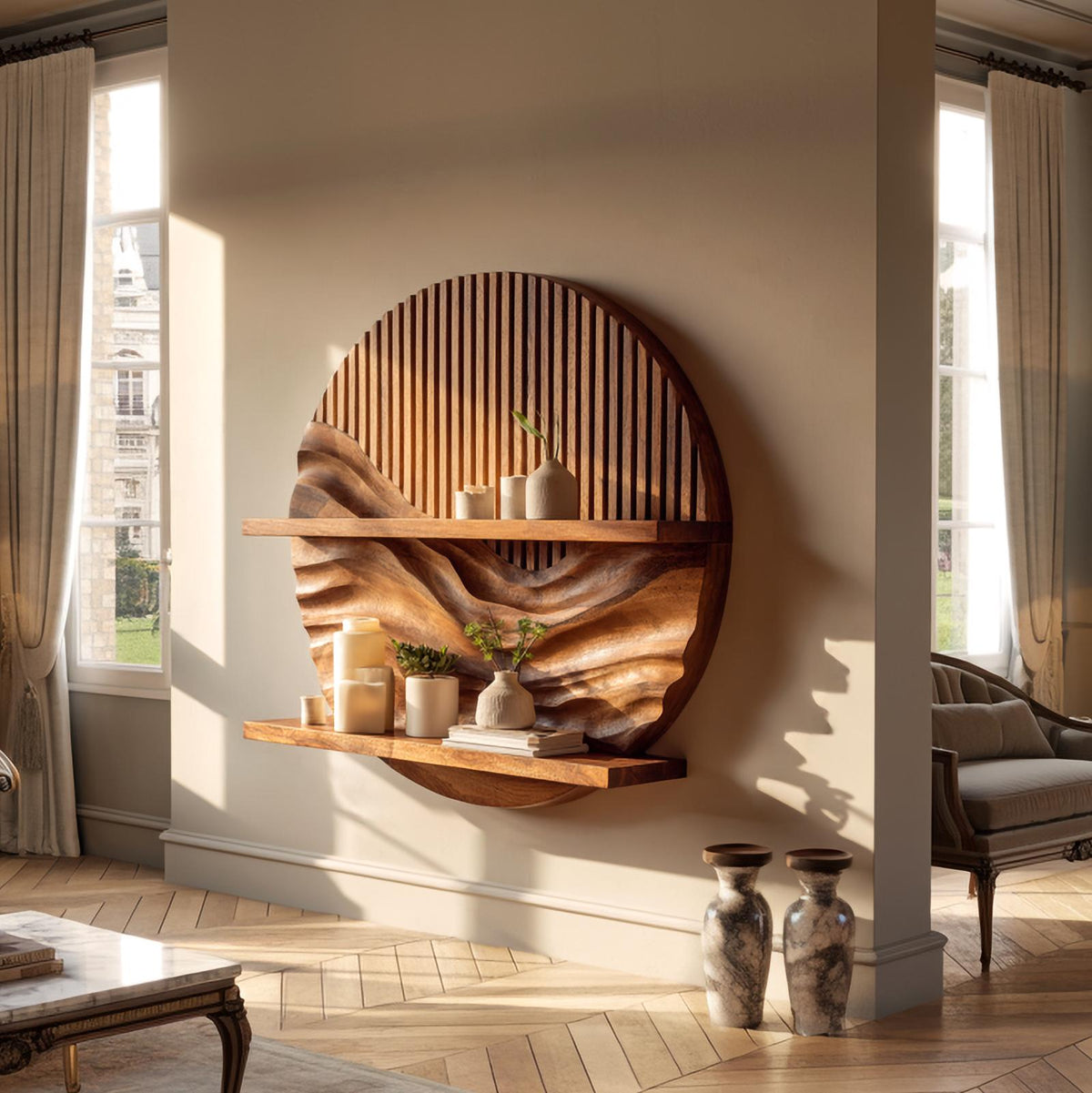 Rustic Minimalist Wood Wall Shelf, Sleek Floating Display ledge for Living Room & Office