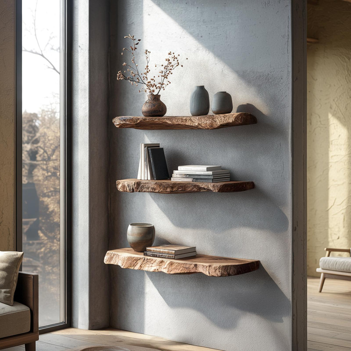 Rustic Organic Floating Shelf For Living Room Or Bedroom Wall