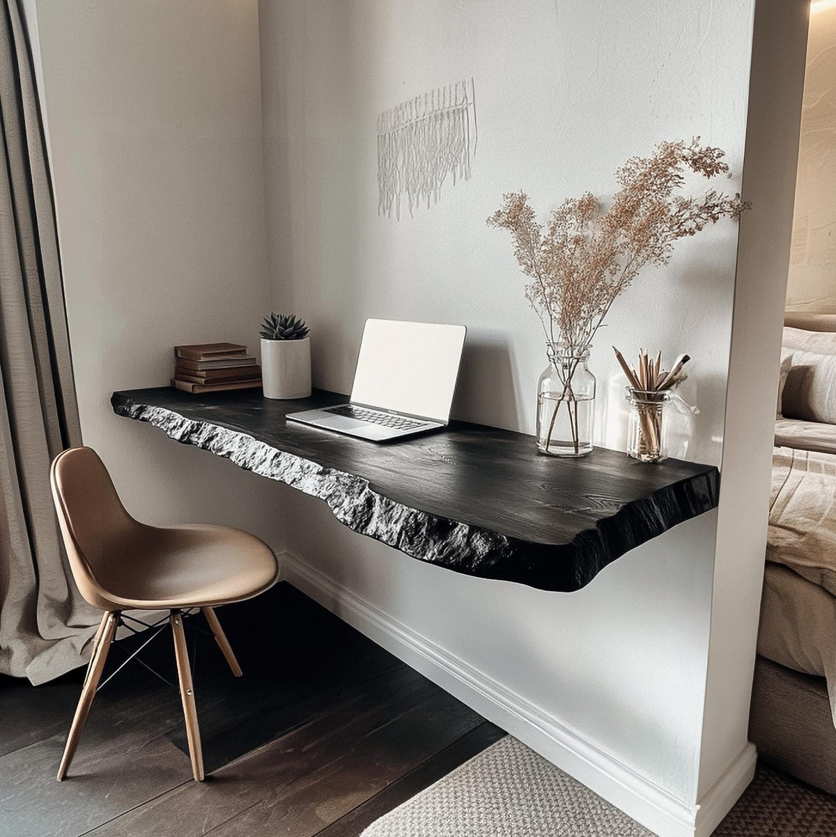 Rustic Wall-Mounted Floating Desk, Handcrafted Solid Wood Writing Laptop Vanity Table for Small Bedroom