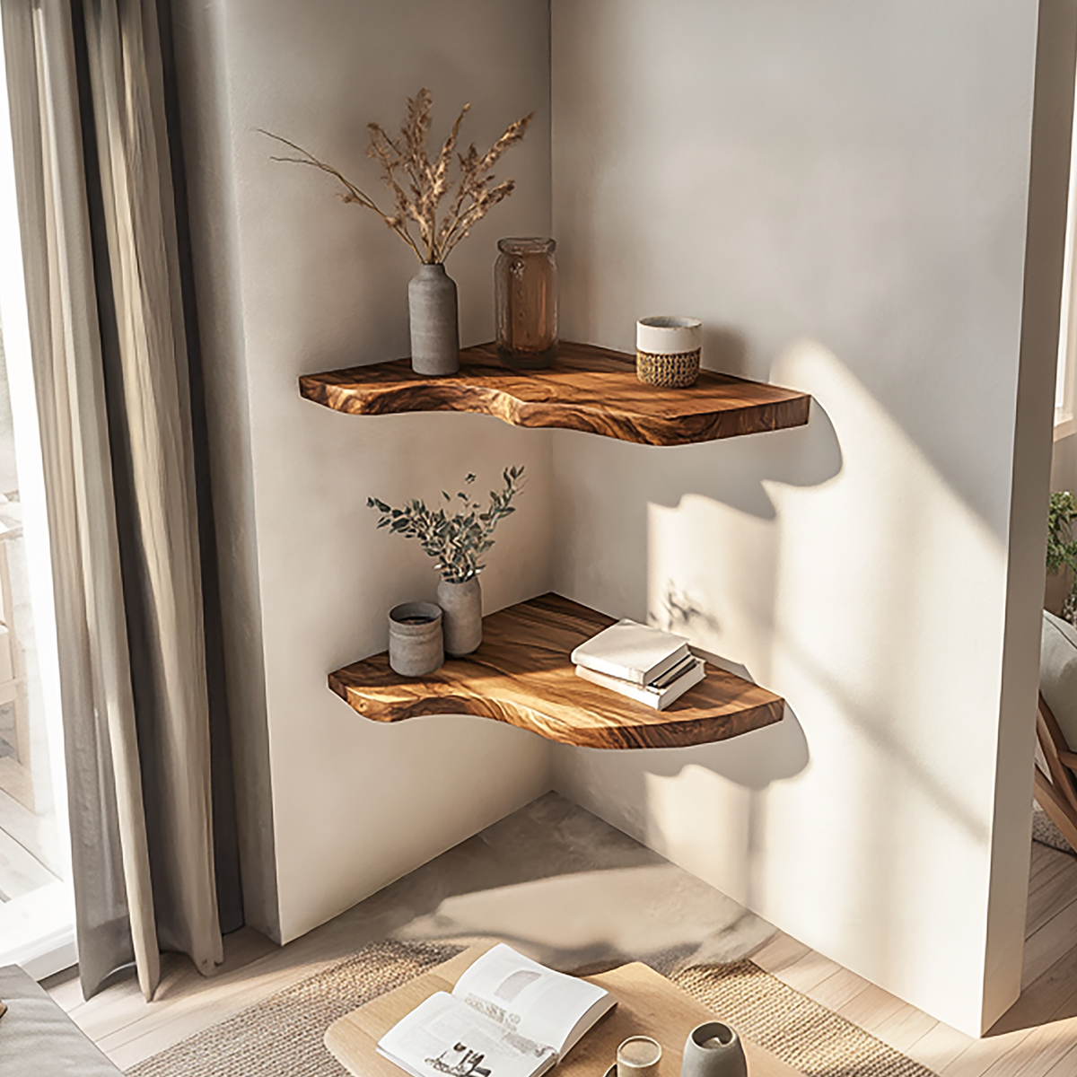 Sculptural Rustic Solid Wood Corner Floating Shelves, Handcrafted Accent L-Shelf for Living Room Statement Decor