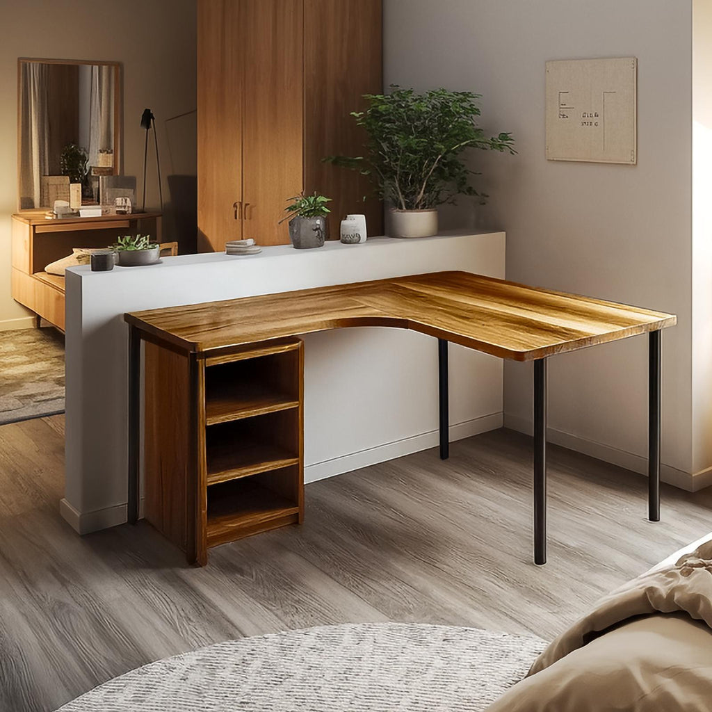 Scandinavian Clean Corner Writing Desk, L-Shaped Solid Wood Computer Table for Study Room, Bedroom Workspace