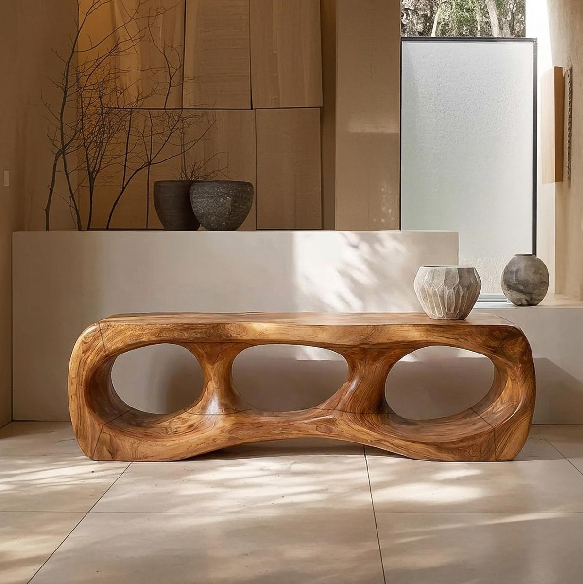 Spry Interior Rustic Sculptural Silhouette Wood Bench, Handcrafted Entryway Seating & Hallway Bench, SINLSARS077