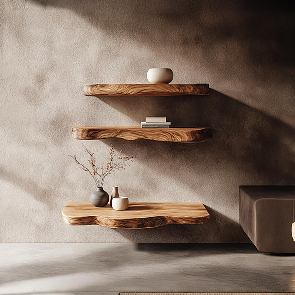 Rustic Nature Inspired Floating Display Shelves Solid Wood Living Room Interior Statement Feature