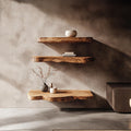 Rustic Nature Inspired Floating Display Shelves Solid Wood Living Room Interior Statement Feature