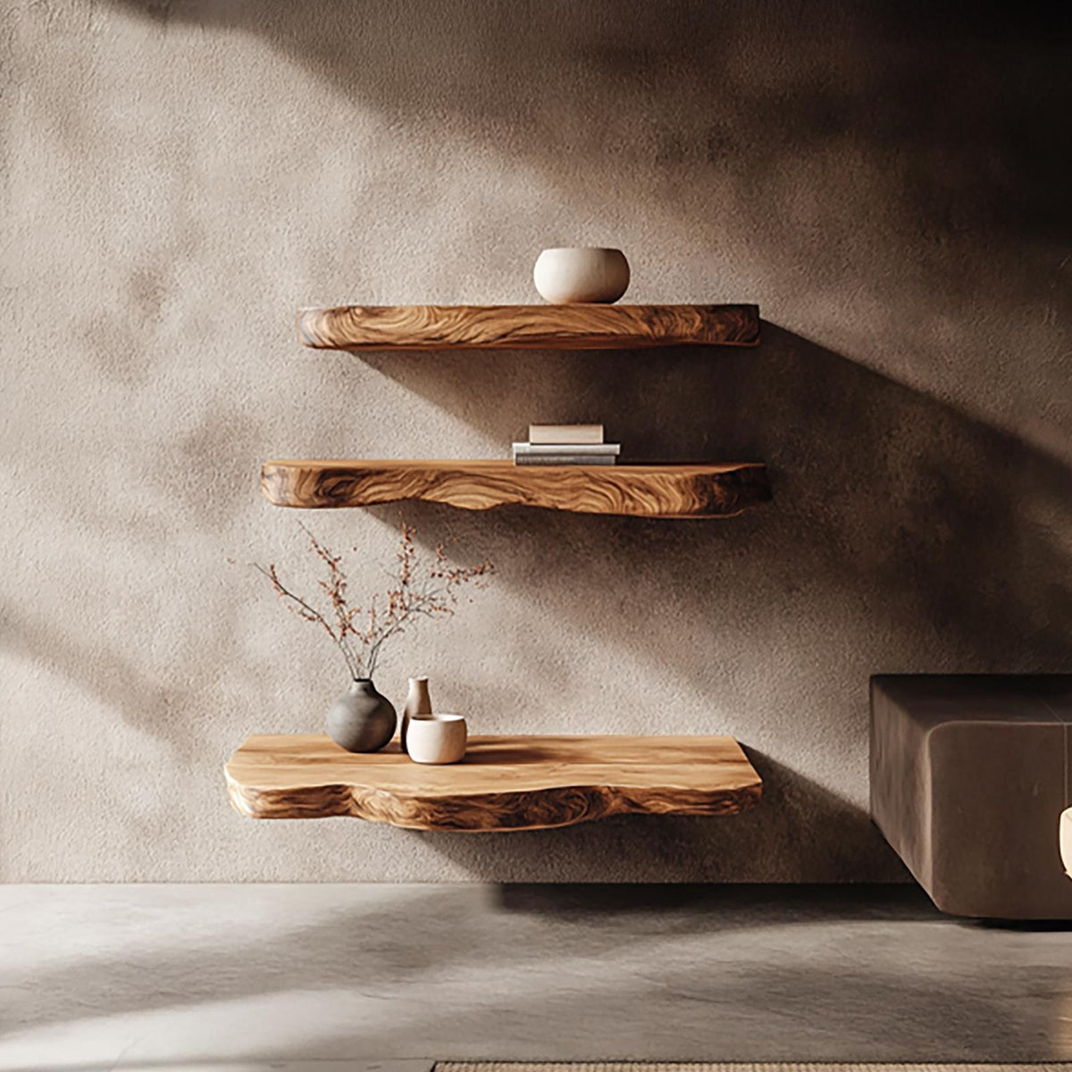 Rustic Nature Inspired Floating Display Shelves Solid Wood Living Room Interior Statement Feature