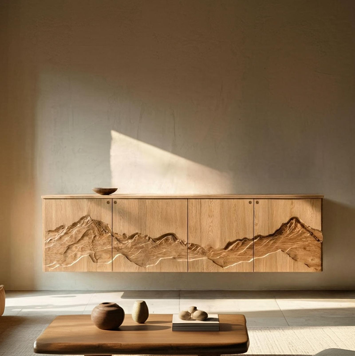 Rustic Mountain Art Wood Console Table, Handcrafted Solid Wood Entryway Credenza Sideboard Cabinet