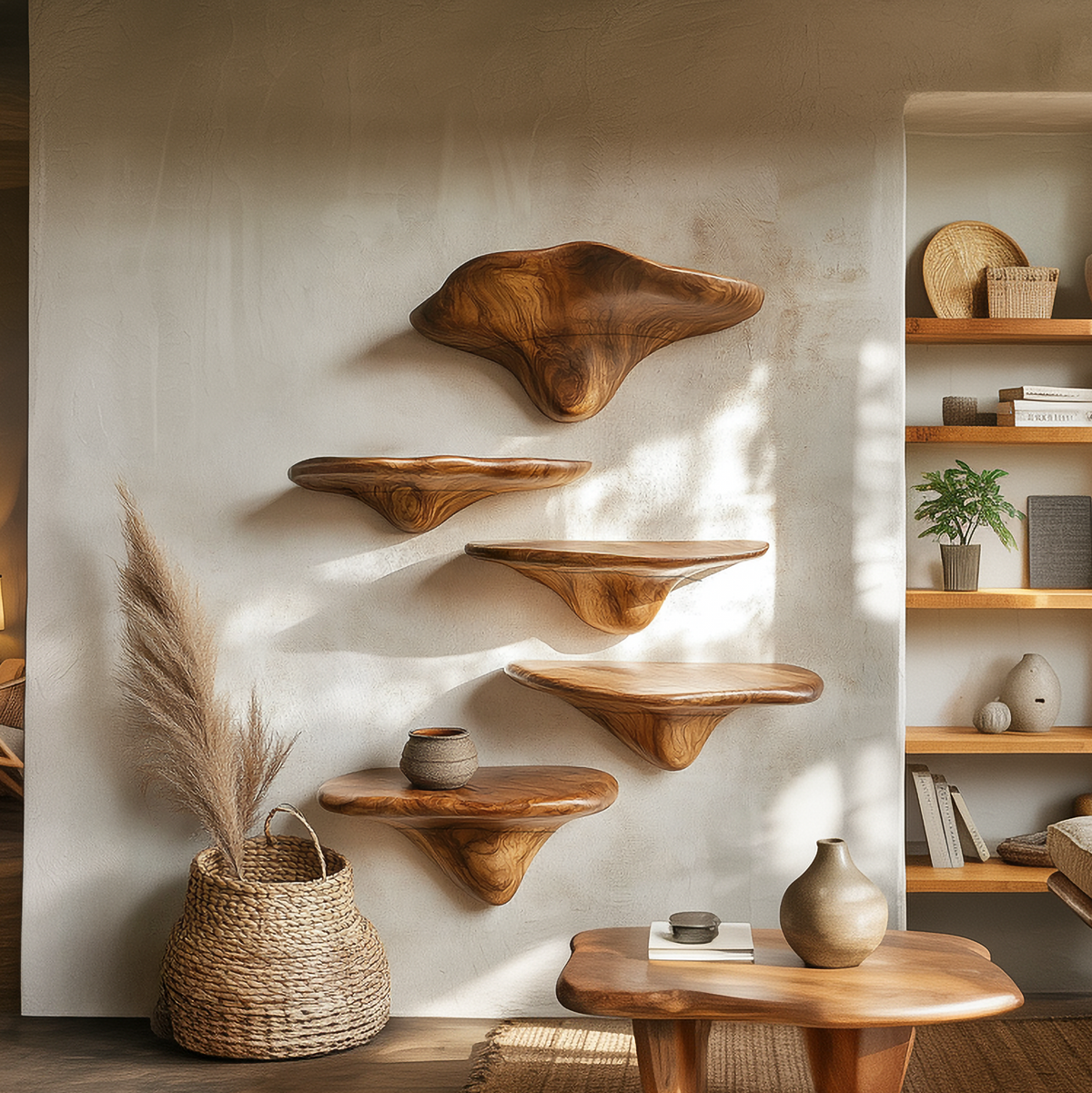 Sculptural Mushroom Wall Shelf, Whimsical Wooden Floating Shelf for Plant Display in Kitchen, Living Room & Bedroom