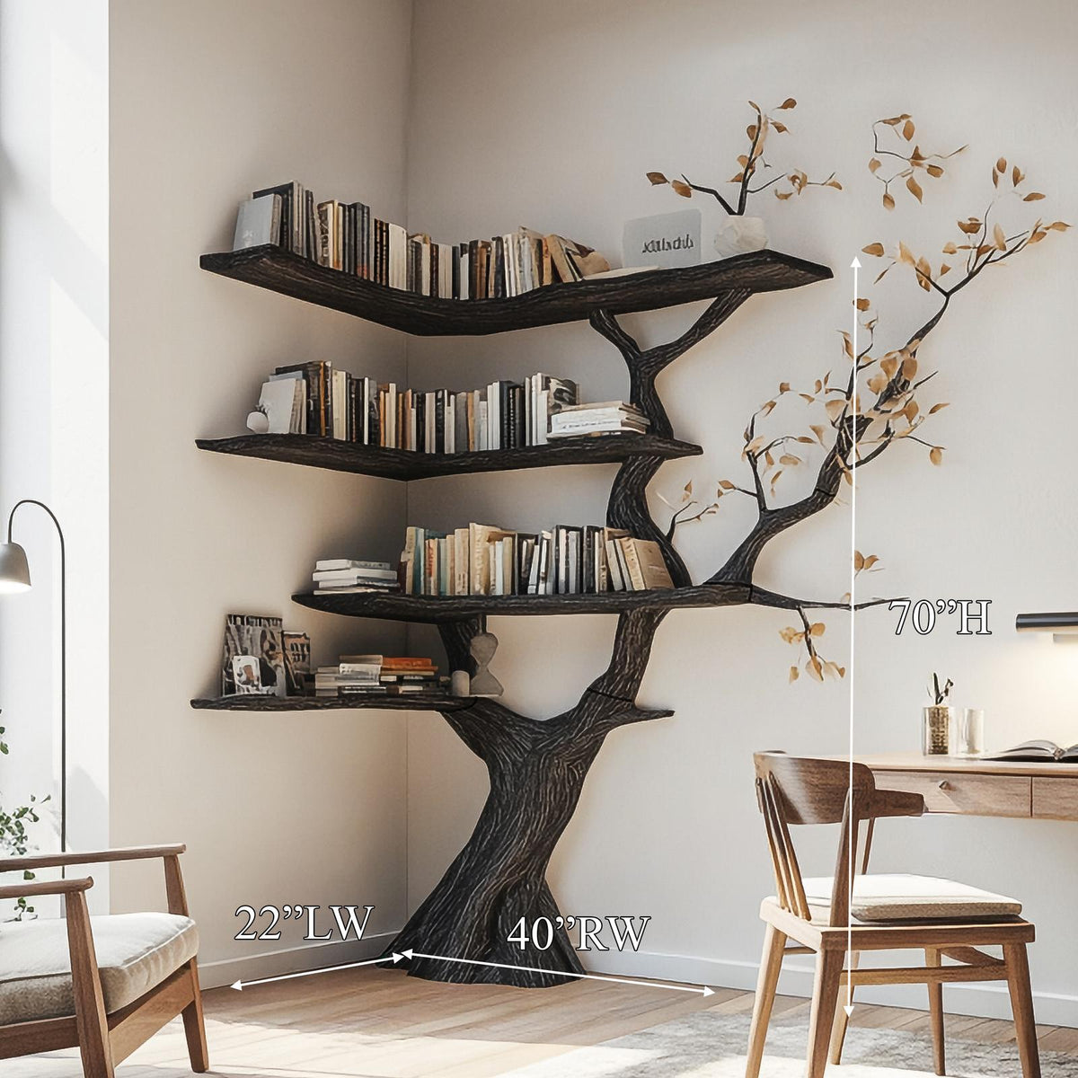 Spry Interior Handmade Corner Tree Bookshelf, Space Saving Solid Wood Bookcase, Decorative Accent Storage Shelf for Living Room SINLSATB603