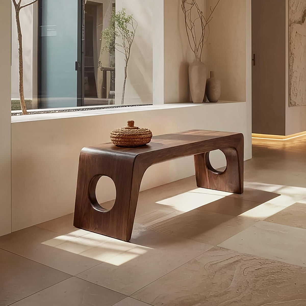 Spry Interior Rustic Minimalist Sculptural Bench, Solid Wood Entryway & Living Room Seating Bench, SINLSARS080