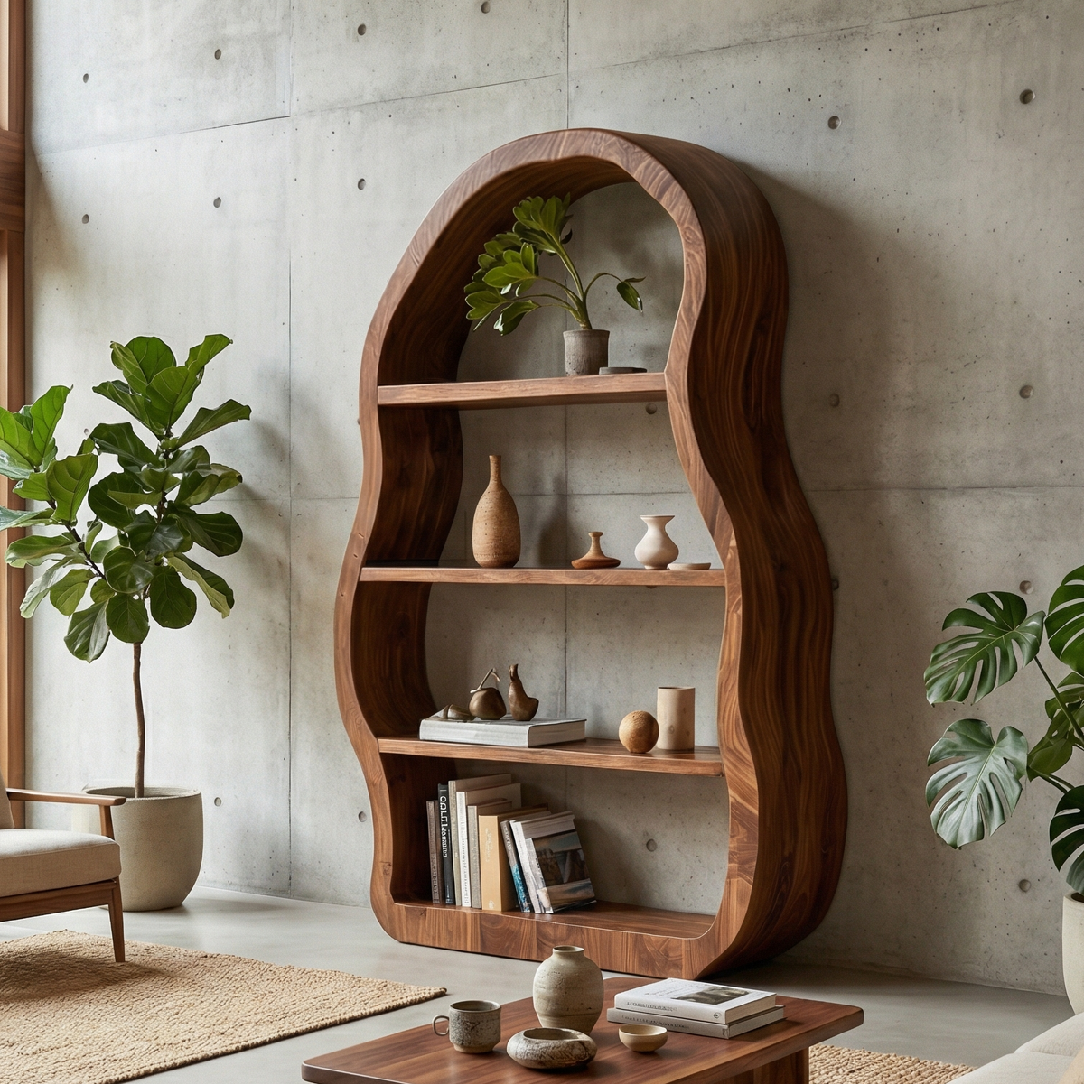 Modern Sculptural Bookshelf, Solid Wood Geometric Bookcase & Display Rack for Office, Living Room Reading Corner