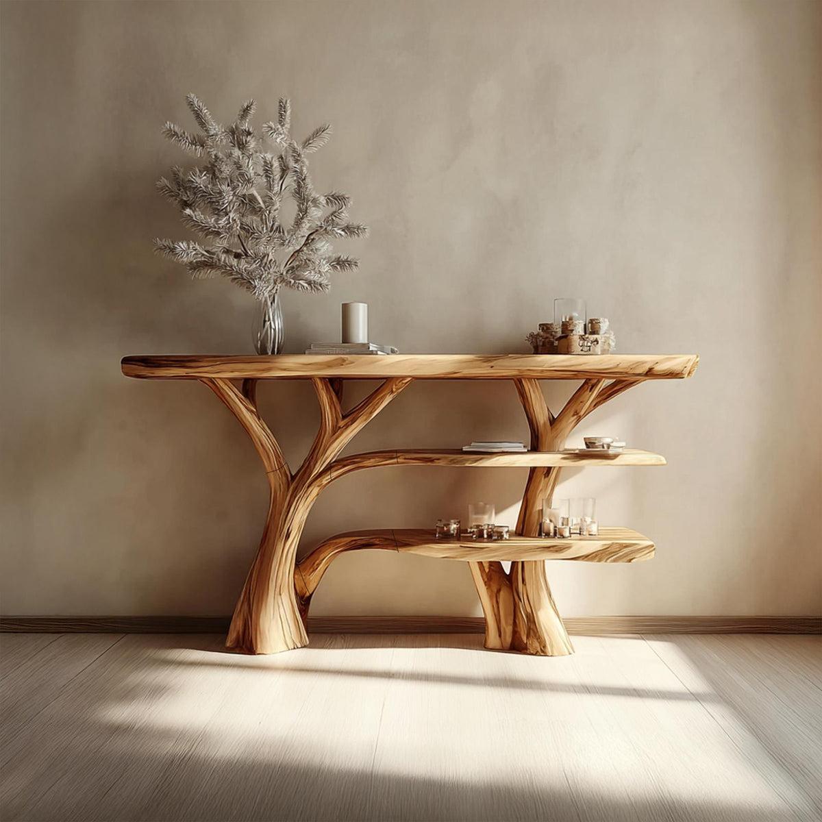 Rustic Tree Wood Console Table, Entryway & Living Room Handcrafted Solid Wood Accent Sofa Table, Model
