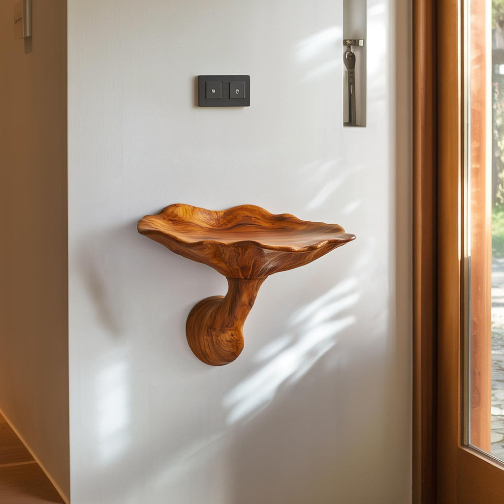 Organic Modern Floating Accent Mushroom Shelf, Wall Mounted Wood Display for Bedroom & Entryway