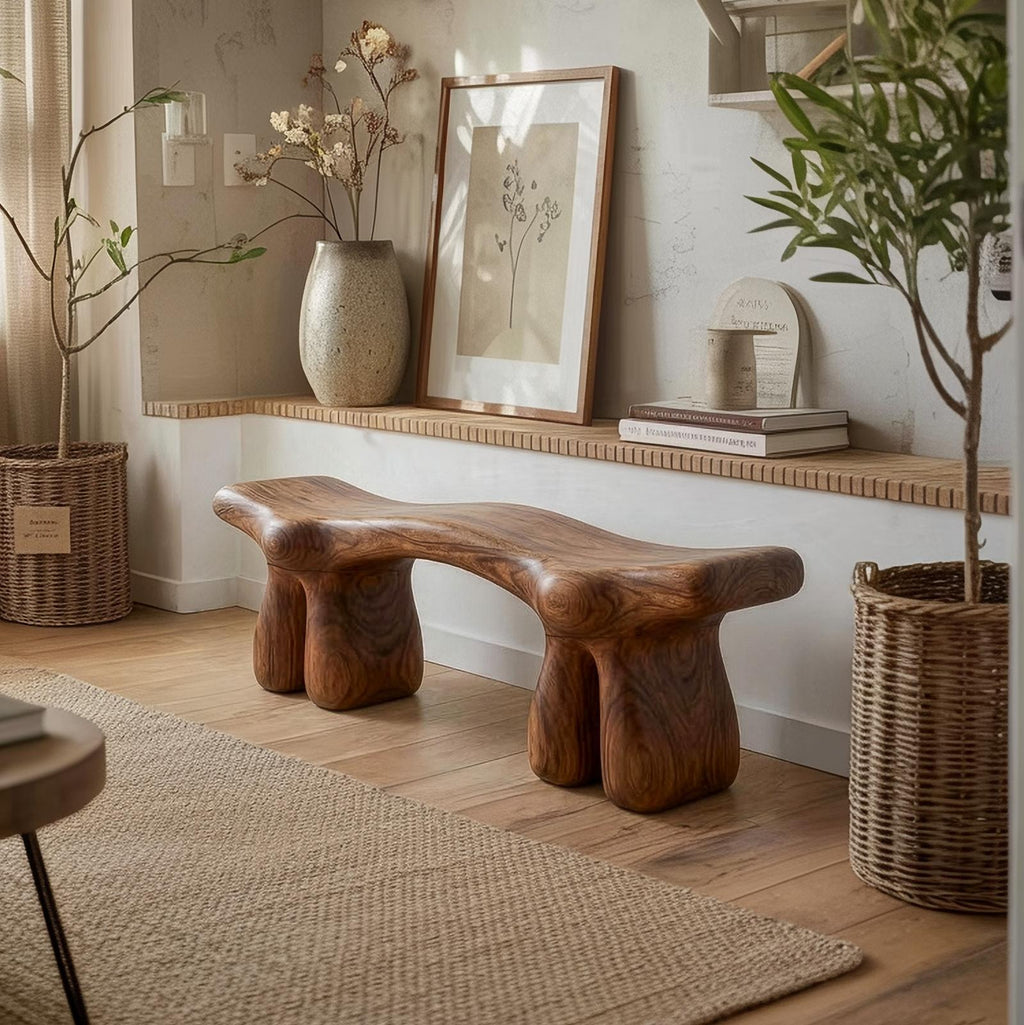 Mid-Century Organic Solid Wood Bench for Entryway, Foyer & Living Room, Handcrafted Modern Indoor Seating