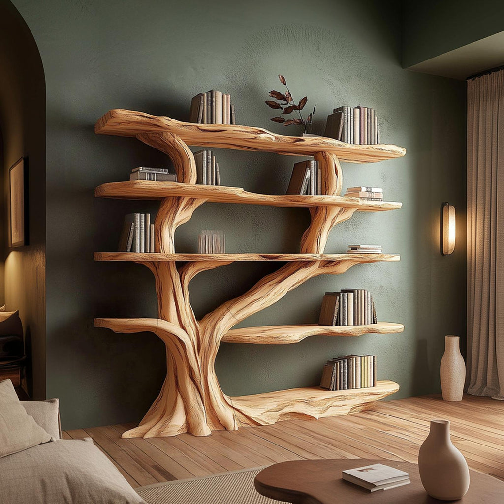 Rustic Organic Tree Bookshelf, Solid Wood Handcrafted Floating Branch Bookcase Storage for Living Room Wall Art