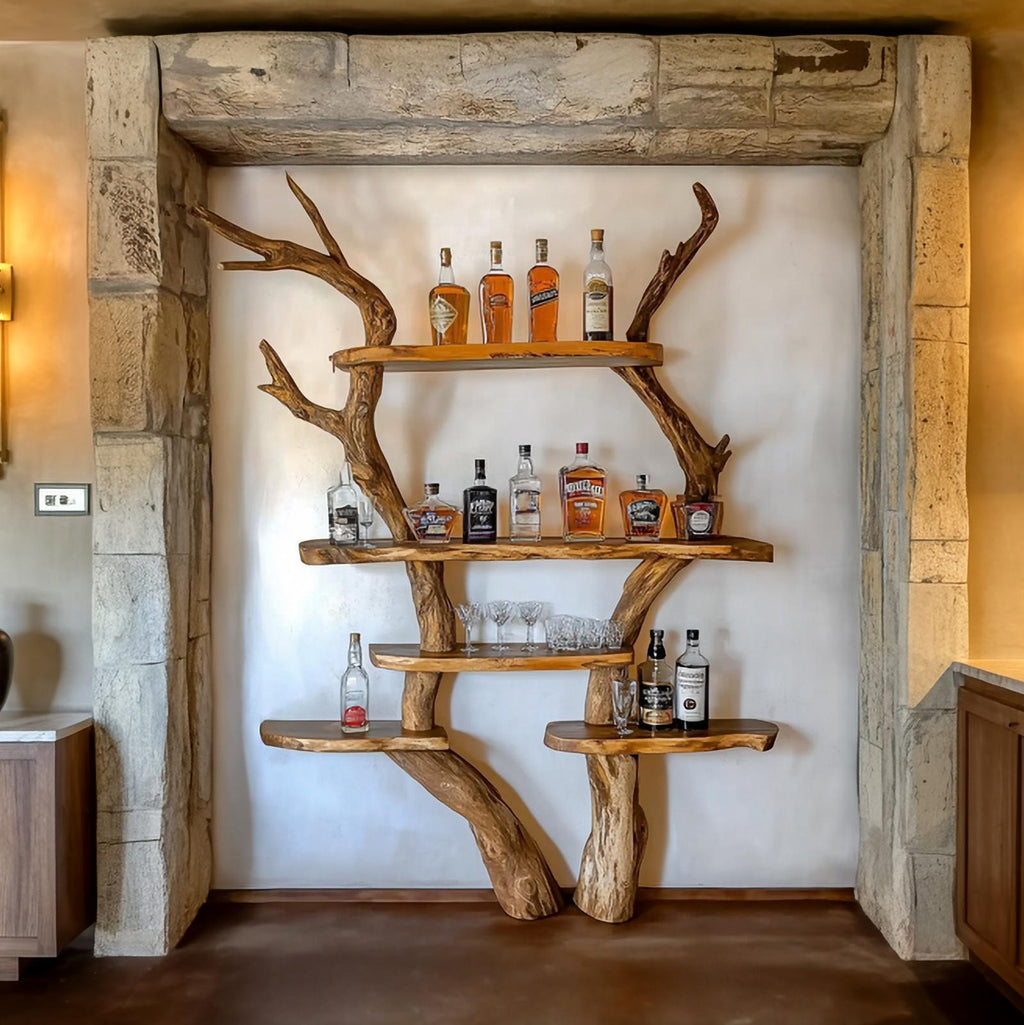 Rustic Bar Tree Wood Shelf, Handcrafted Wall Mounted Liquor & Wine Glass Rack for Home Bar