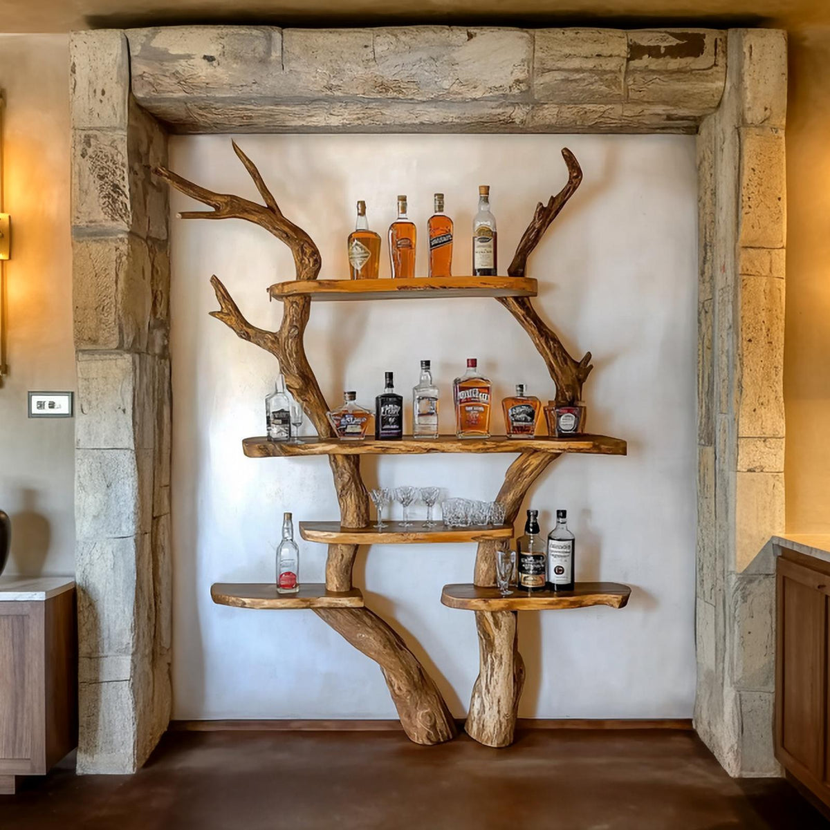 Rustic Bar Tree Wood Shelf, Handcrafted Wall Mounted Liquor & Wine Glass Rack for Home Bar