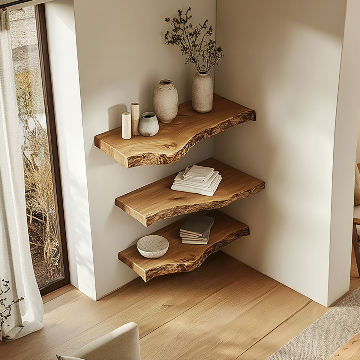 Rustic Sculptural Solid Wood Corner Floating Shelves, Handcrafted Art Display L-Shelf for Statement Wall Decor