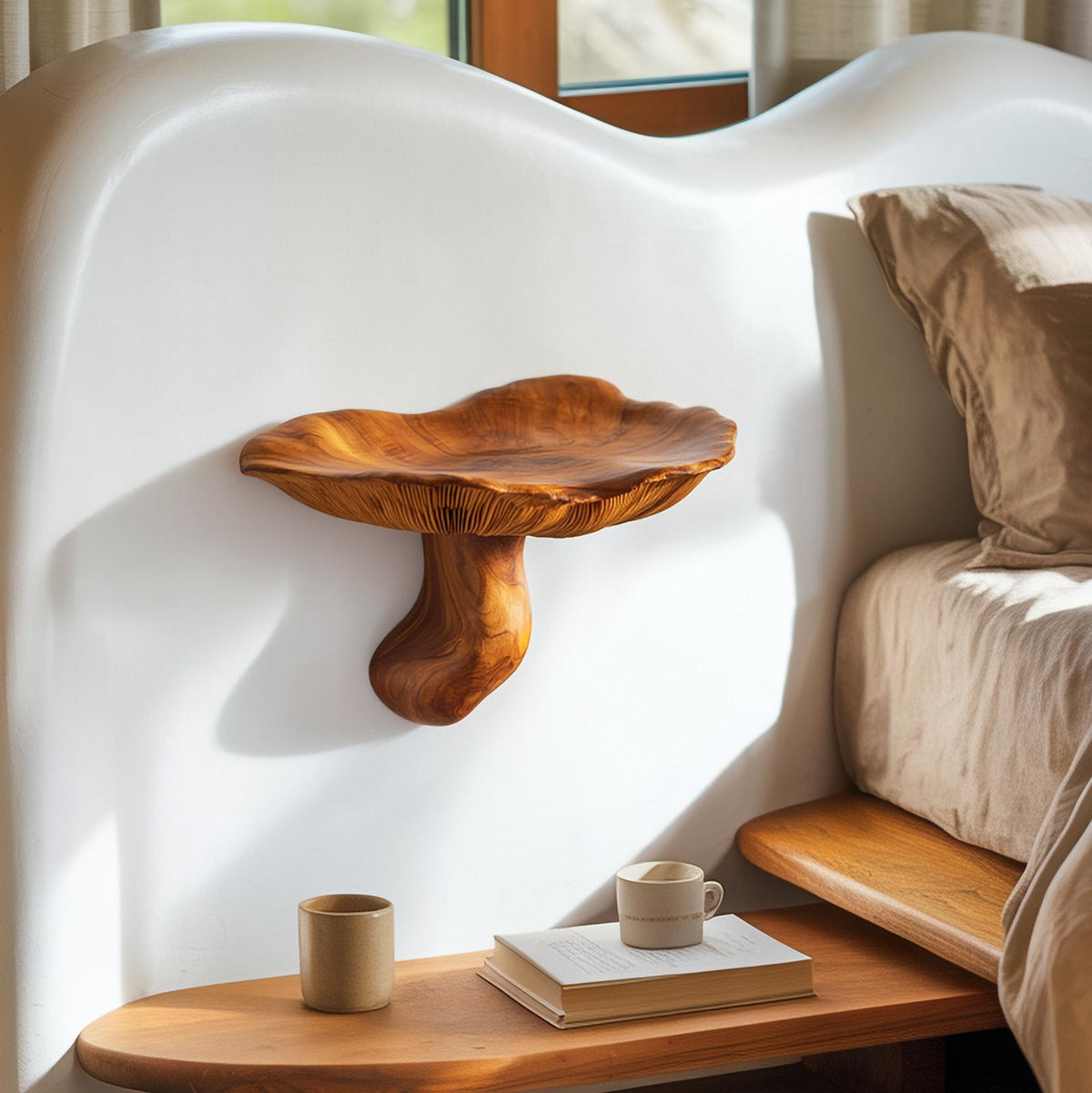 Organic Modern Bedside Wall Mushroom Shelf, Floating Wooden Display Accent Shelf for Bedroom