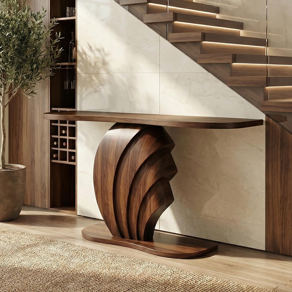 Modern Sculptural Console Table, Solid Wood Accent Sofa Table for Living Room & Entryway