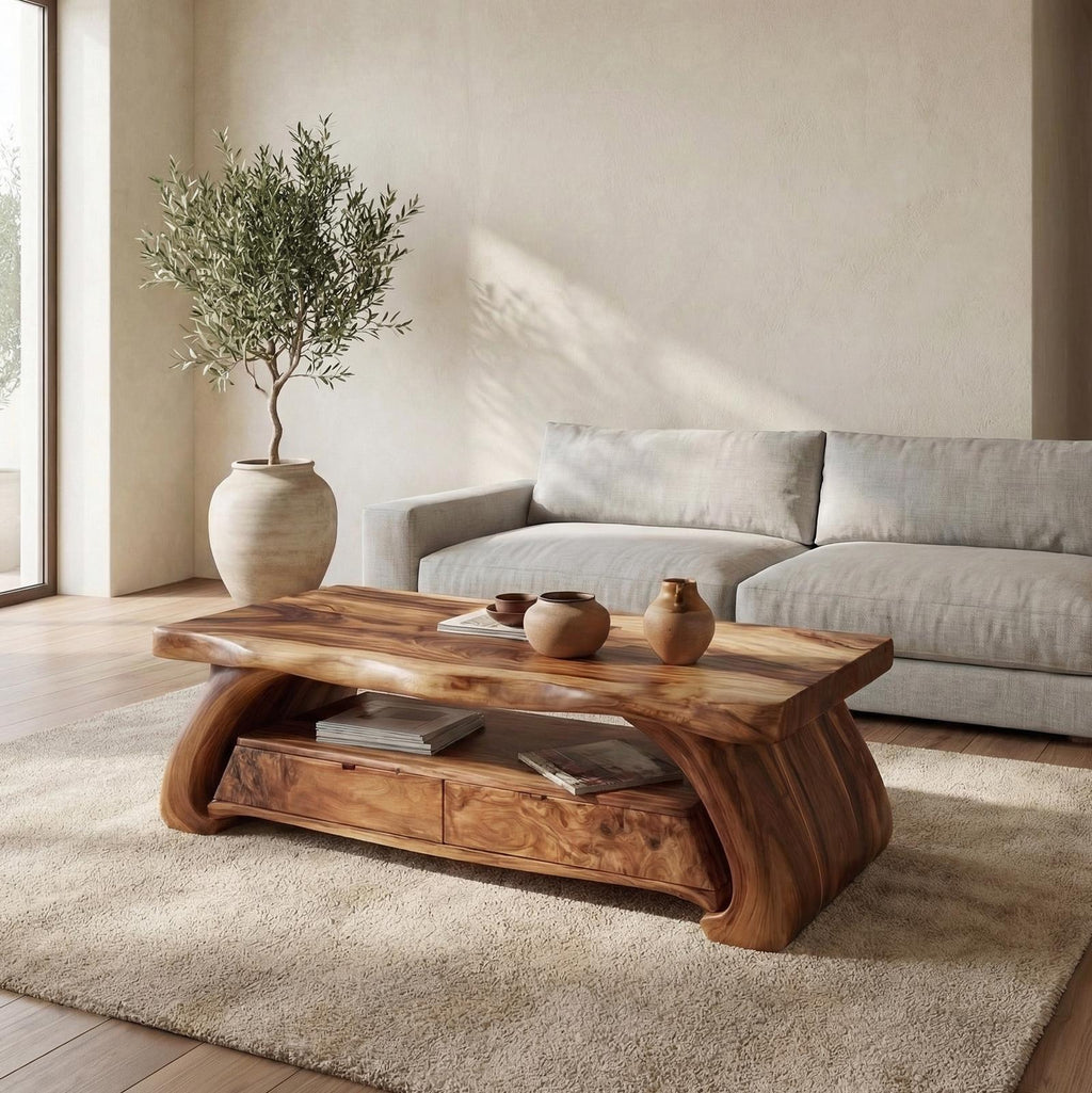 Rustic Solid Wood Coffee Table Natural Sculptural Base Living Room SINLSACF325
