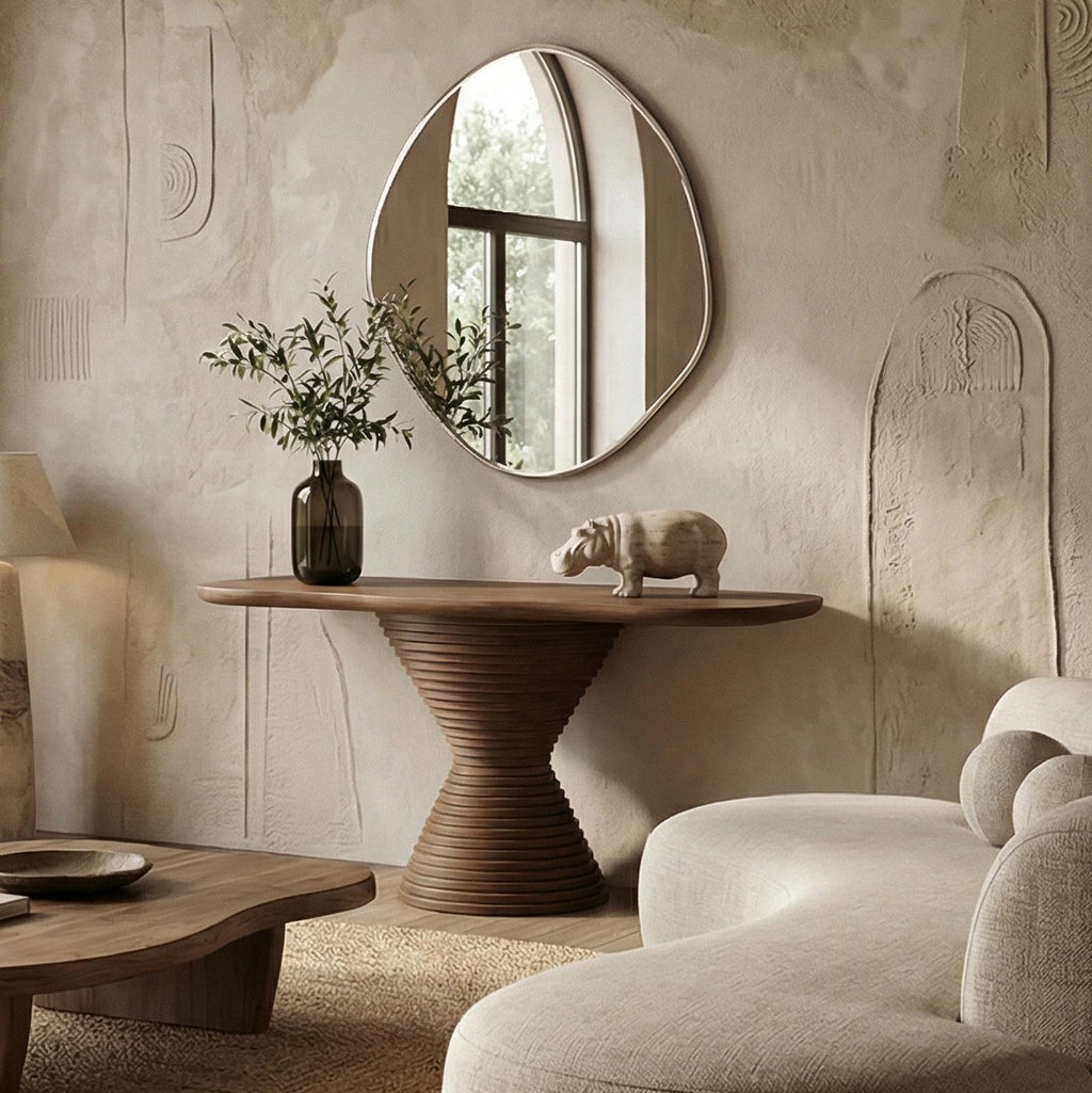 Modern Round Pedestal Console Table, Solid Wood Accent Sofa Table for Living Room & Foyer