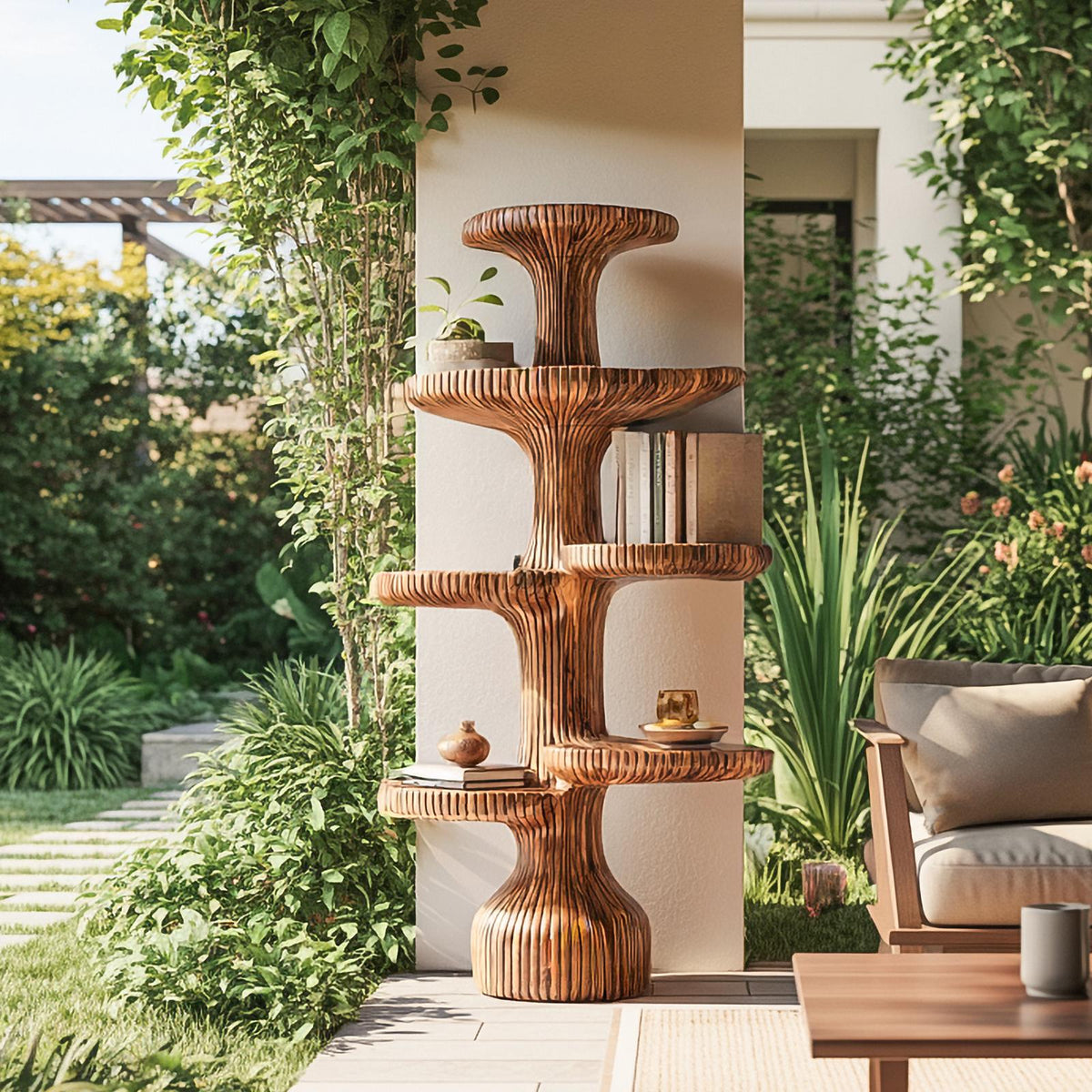 Sculptural Tiered Wood Tree Shelf, Handcrafted Floating Branch Wall Mounted Bookcase for Living Room Art