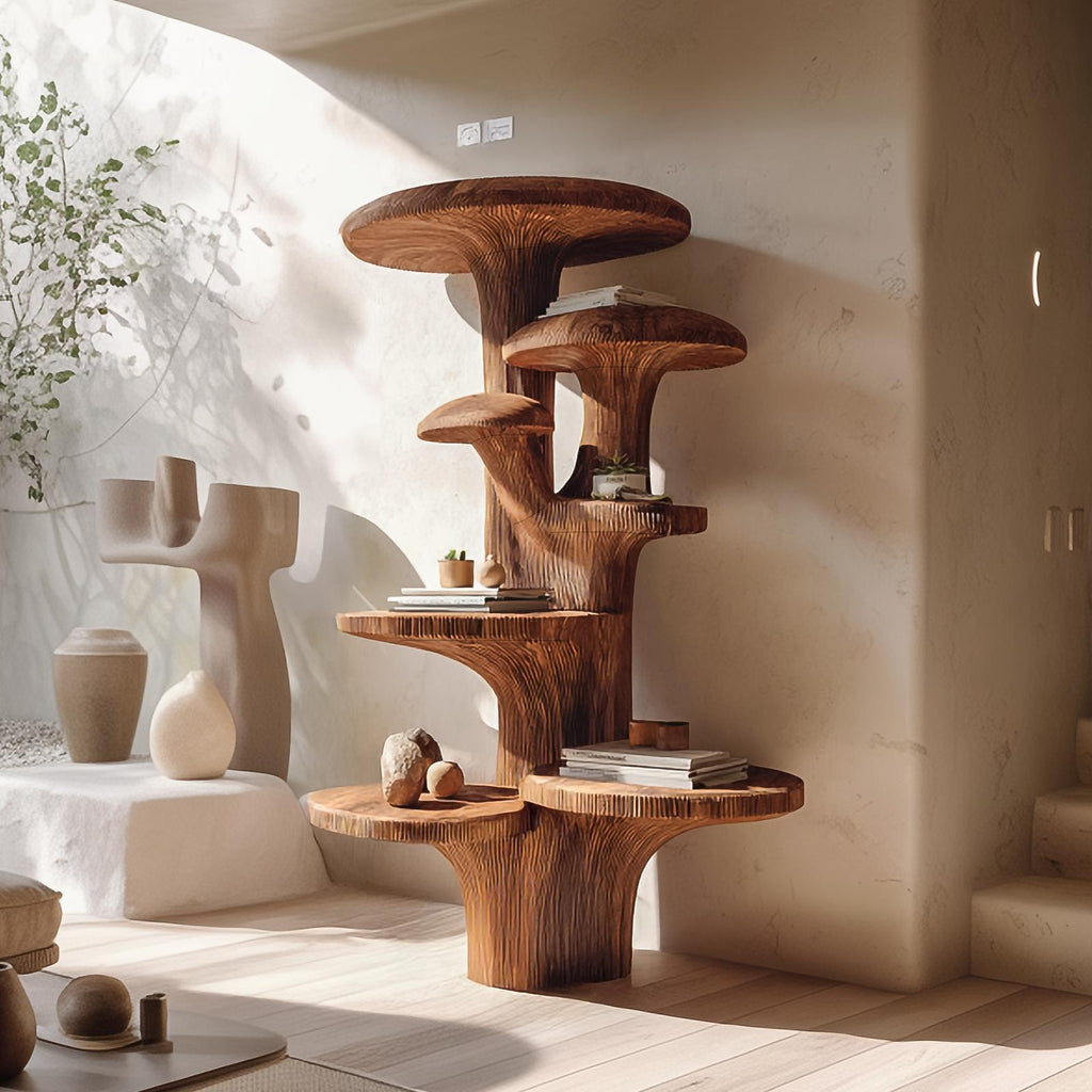 Nature Mushroom Inspired Wood Tree Accent Shelf, Handcrafted Floating Branch Wall Display for Living Room Gallery